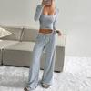 Women's Striped Pullover Long Sleeved Drawstring Wide Leg Pants Set