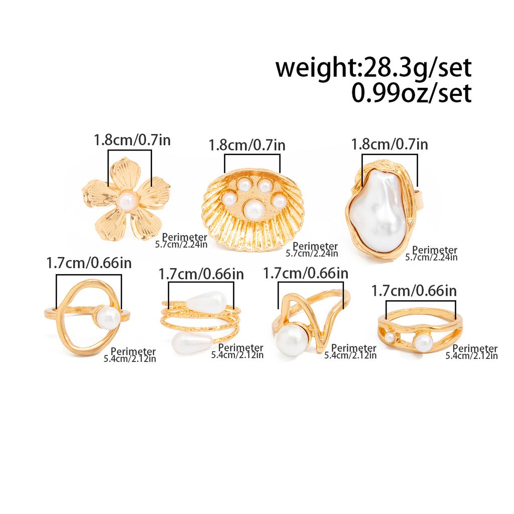 Ingemark 7Pcs/Set Vintage Gold Color Metal Flower Rings for Women Boho Imitation Pearls Knuckle Rings Beach Party Jewelry Gifts