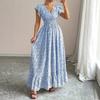 Women's Ditsy Floral Maxi Dress V Neck Ruffle Short Sleeve Smocked High Waist Tiered Ruffle Hem A-Line Flowy Big Swing Casual Beach Holiday Long Dress