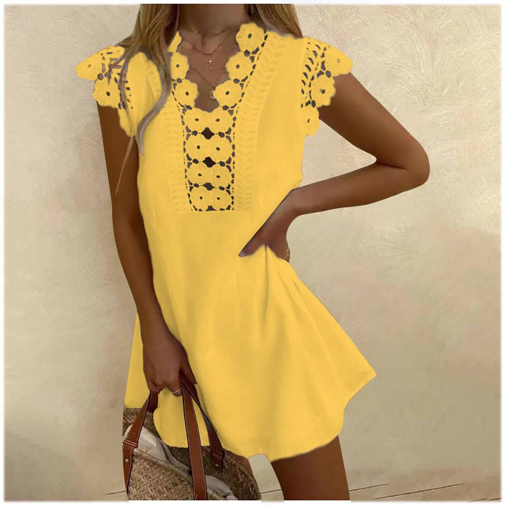 Wish Ladies Solid Color Washed Wrinkled Lace Summer Cool Dress