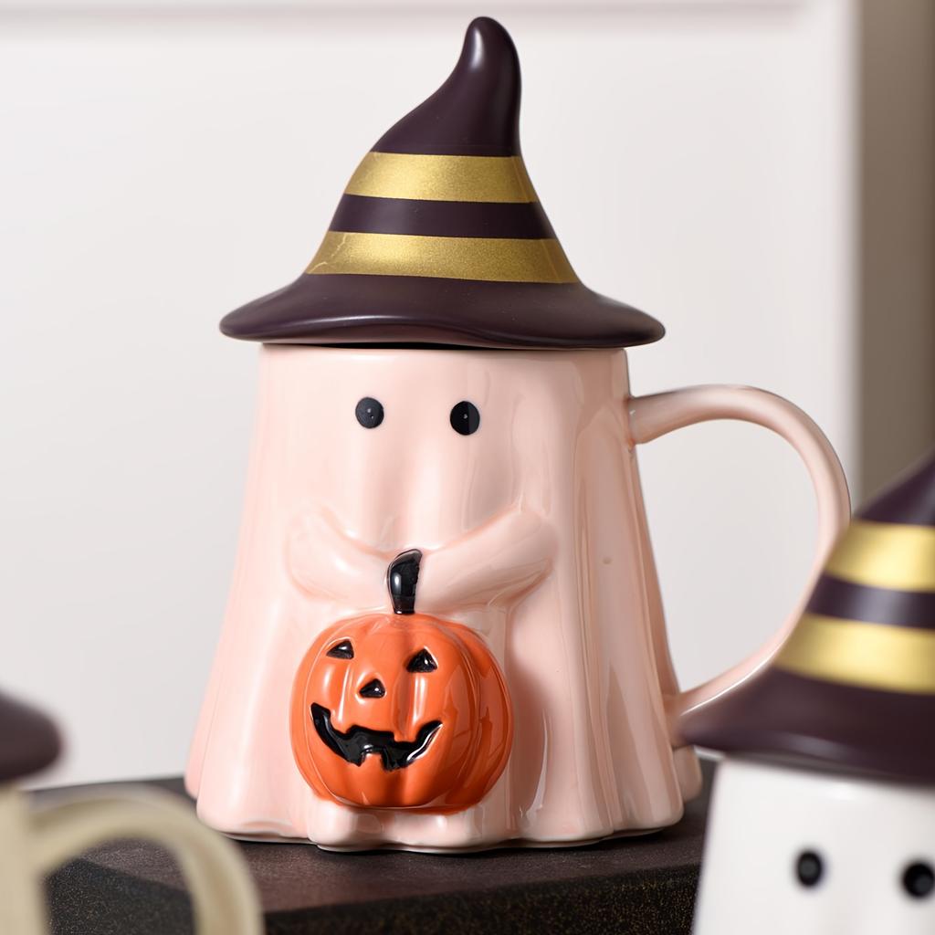 1ks 450ml/15oz Halloweenský keramický hrnek na kávu s 3D roztomilým dýňovým designem, novinkový hrnek s duchem s rozkošným dýňovým obličejem a kloboukem