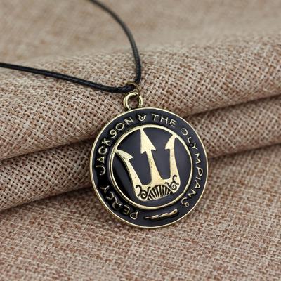 Fashion Movie Jewelry Percy Jackson and The Olympians Trident Pendant Necklace Leather Rope Chain Round Metal Necklace