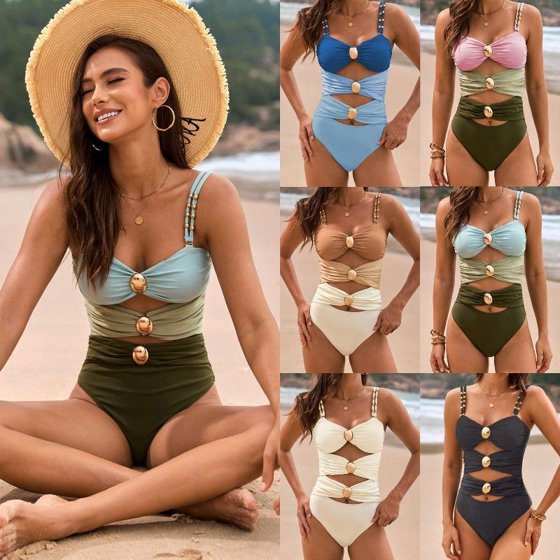 New Swimsuit Solid Color Splicing Popular Metal Buckle Swimsuit European and American One-piece Swimsuit