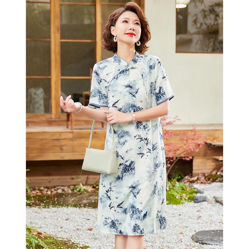 Elegant Chinese Style Floral Print Short Sleeve Qipao Midi Dress XL