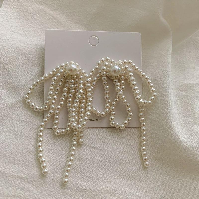 Korean Dongdaemun Style Long Pearl Bow Earrings - Influencer Super Fairy Exaggerated Dangle Design