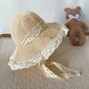 Women Beach Hat Large Eaves UV Blocking Foldable Portable Handmade Straw Hollow Sun Protection Hat with Lace Ties