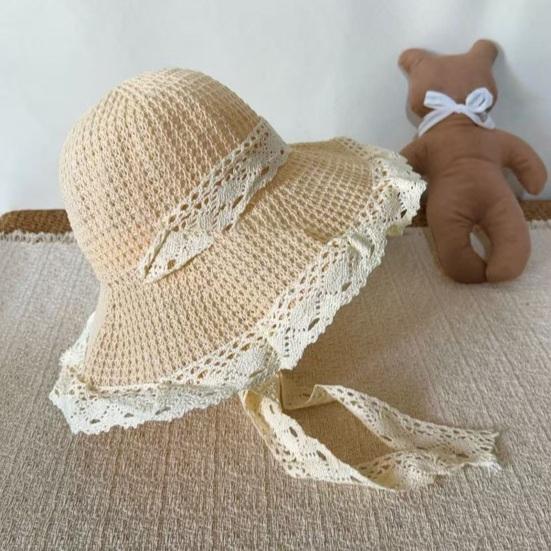 Women Beach Hat Large Eaves UV Blocking Foldable Portable Handmade Straw Hollow Sun Protection Hat with Lace Ties