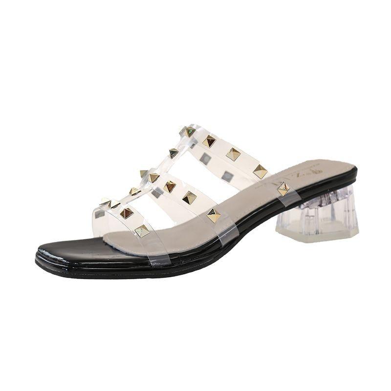 Fashion Hot Selling Shoes Woman's Slippers Transparent Heel Slides Fashion Med 2025 Luxury Summer Square heel Slipper Casual Shoe Woman