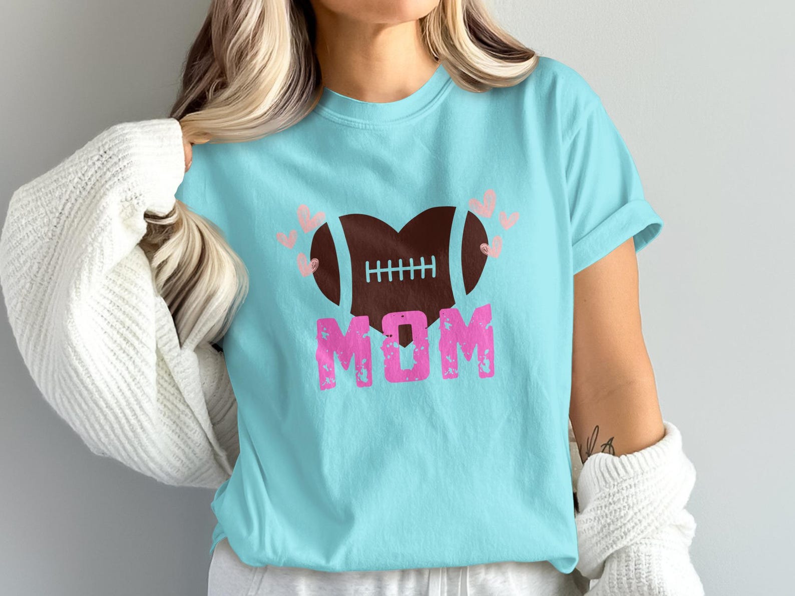 Football Mom Heart T-Shirt | Distressed Pink MOM Graphic Tee M