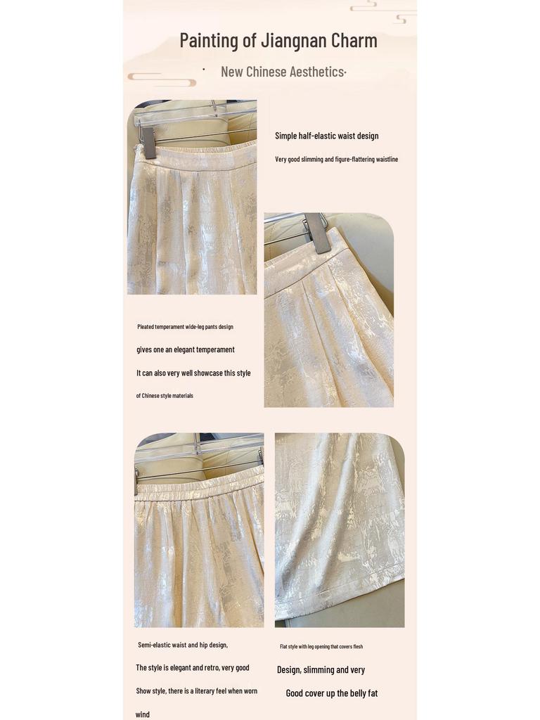Silk Jacquard Wide-Leg Pants for Middle-Aged Women - Ethnic Style Retro Slimming Design