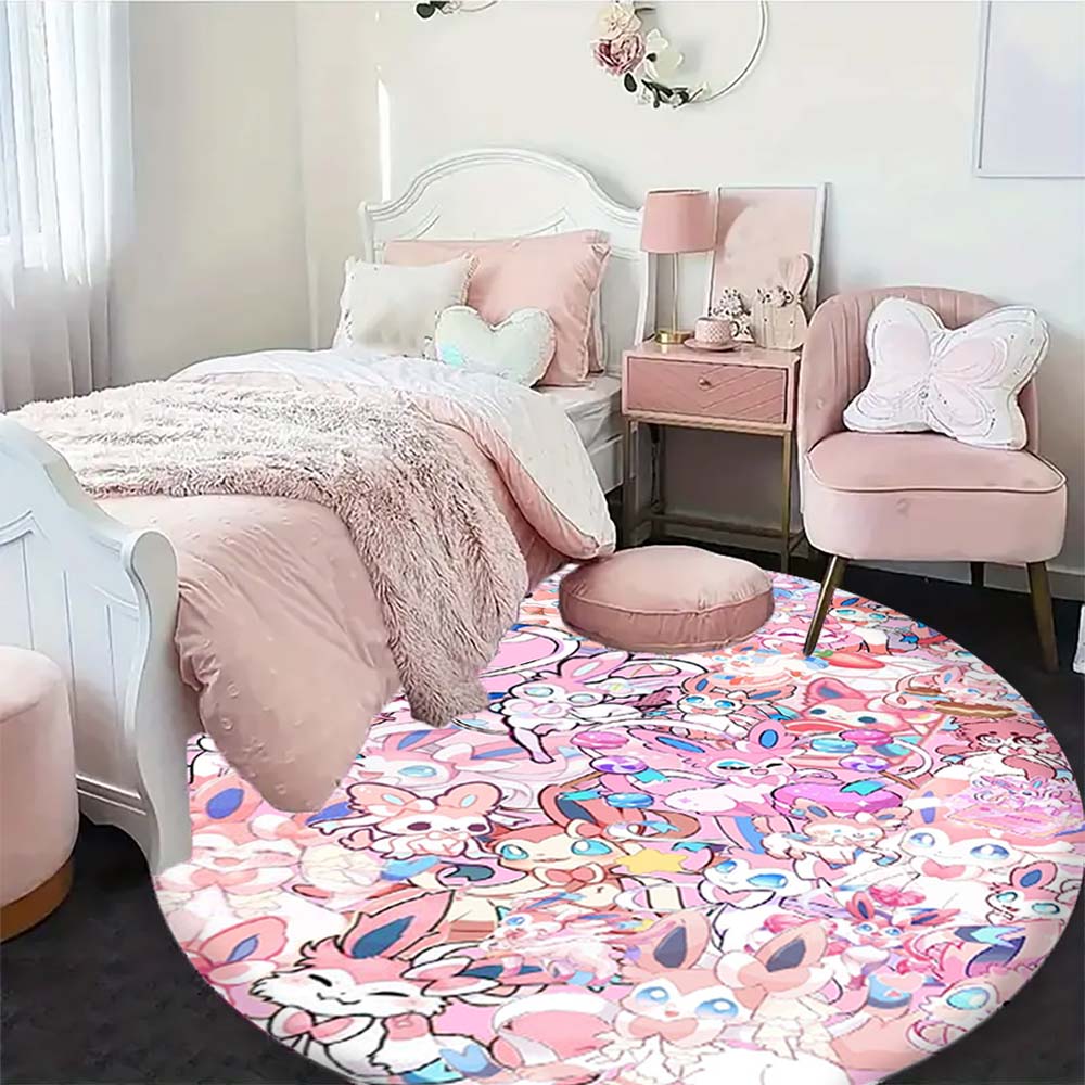 Kawaii Sylveon Theme Round Area Rug Pink Fairy Pattern Circular Rug Kids Girls Bedroom Gamer Room Decor
