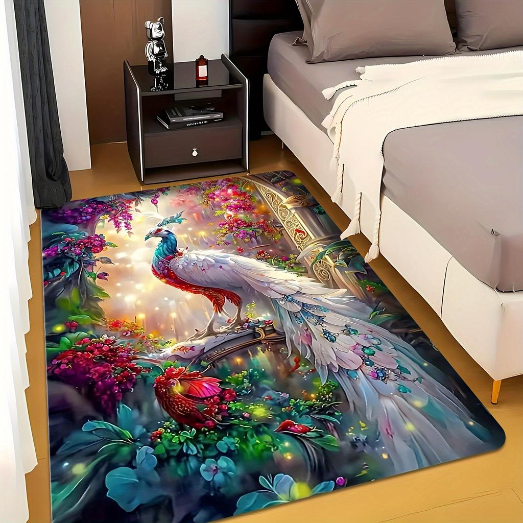 Vibrant Peacock Floral Fantasy Area Rug Nature Print Boho Style Decor Floor Mat for Living Room and Hallway Accent Rug
