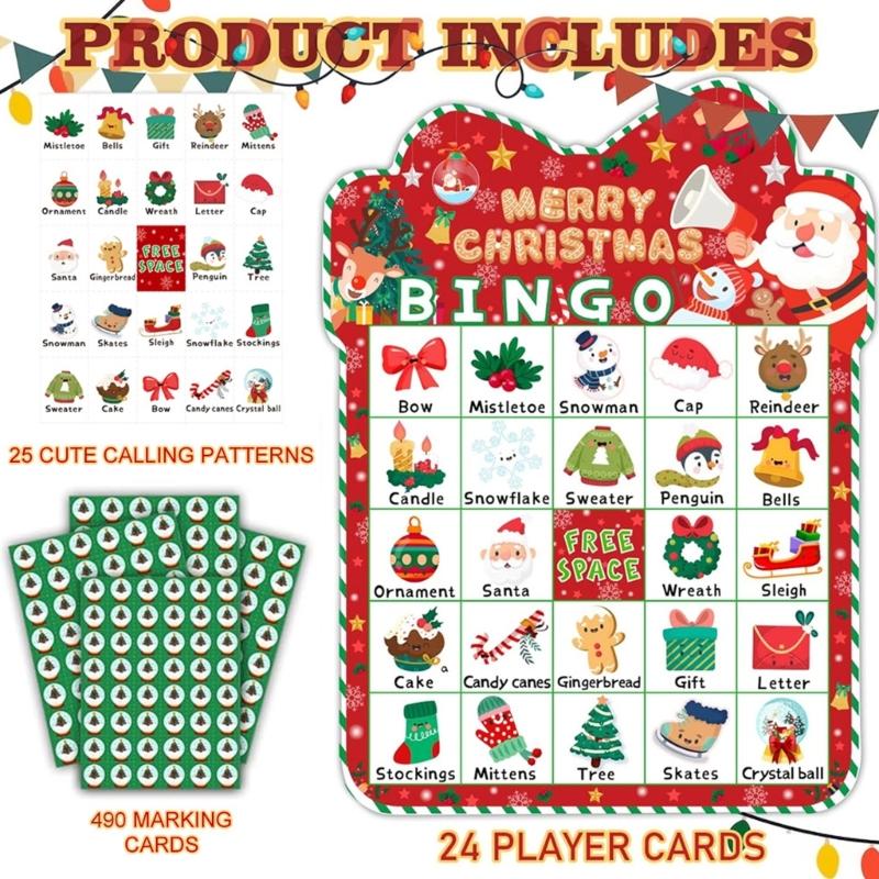Festliche Familien-Bingo-Spielkarten für 24 Spieler Komplettes Set mit 33 strapazierfähigen Teilen Unterhaltung für die Feiertagsparty