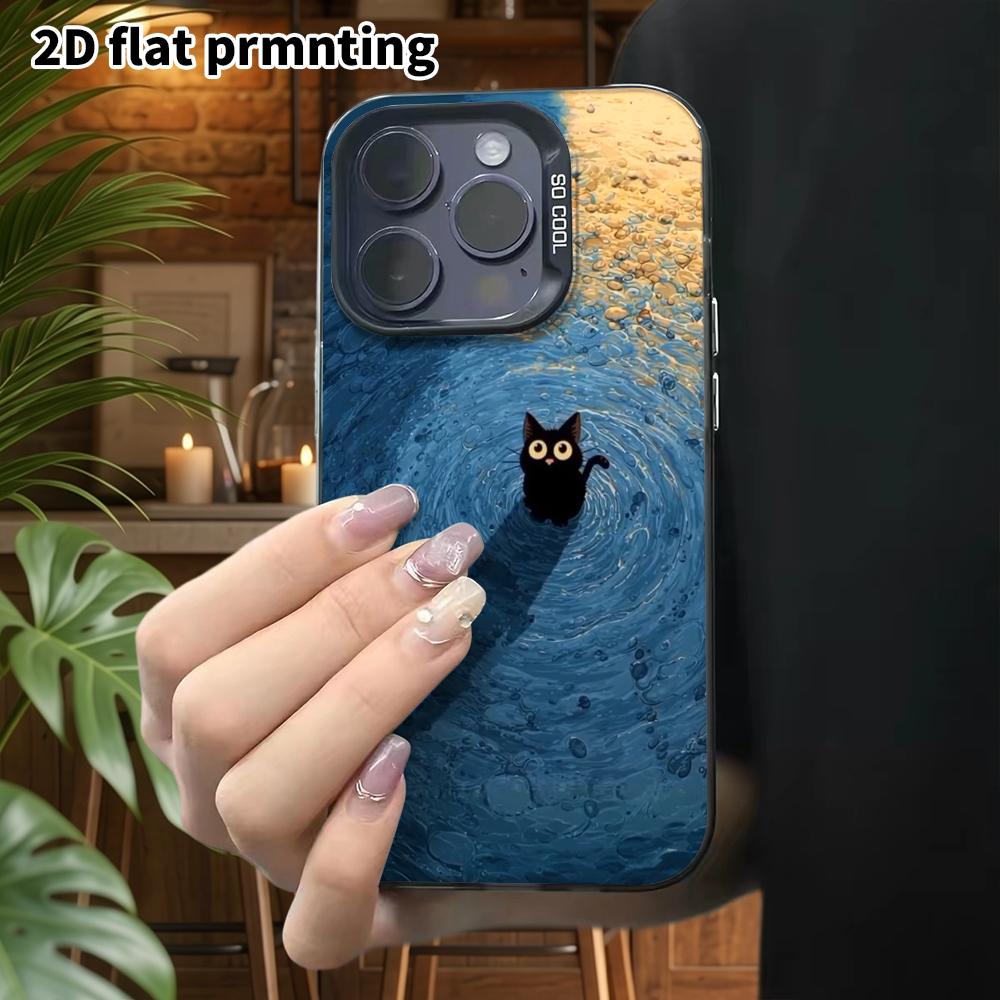 Phone Case: 2D Flat Design Suitable for iPhone 18 17 16 15 14 13 Pro, Colorful Silver Protective Case, Couple Style, Little Black Cat In Water, Christ