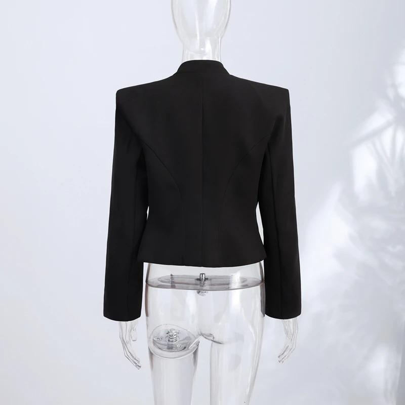 Elegant Women's Cropped Black Coats Pads Stand Collar Full Sleeve Jacket Autumn Lady Chic Commute Outwear