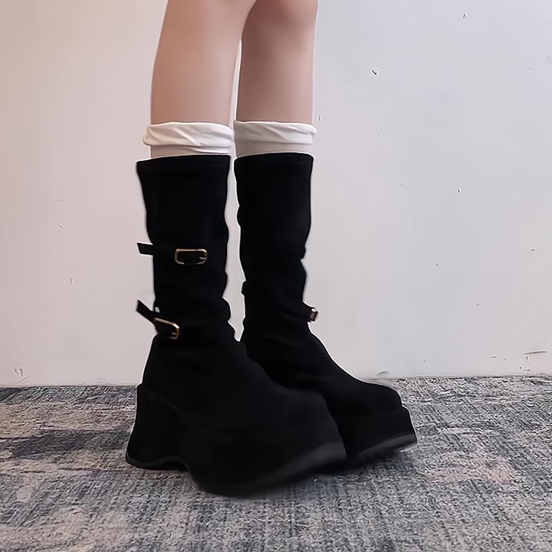 Fashion Autumn Winter Vintage Thick Sole Women Mid Calf Boots Fashion Round Toe Stripper Party Shoes Stretch Slim Botas Para Mujer