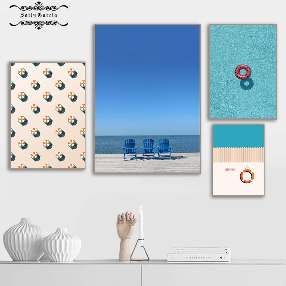 Minimalist Swimming Pool Poster Print Miami Ocean View Canvas Painting Summer Beach Wall Art Pictures for Living Room Home Decor