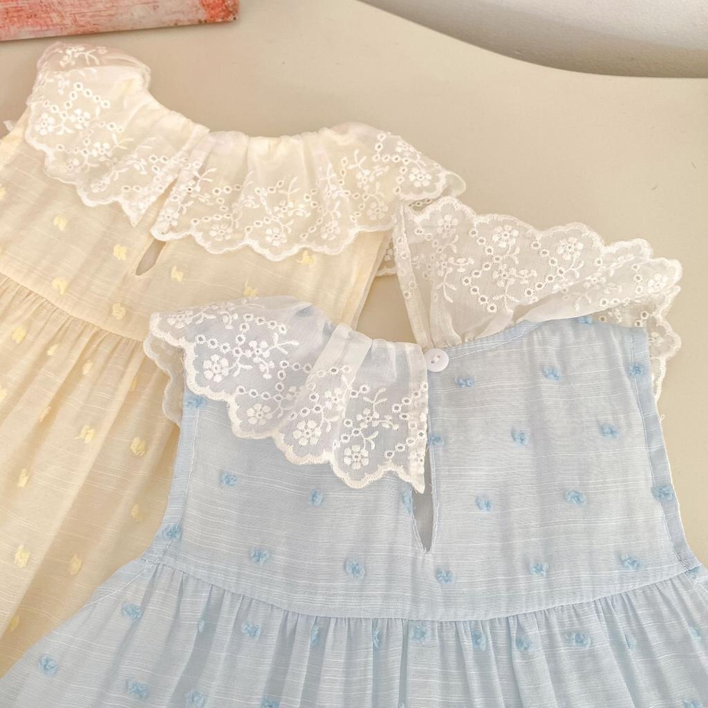 Girls Summer Sleeveless Floral Lace Trim Ruffled Princess Dress