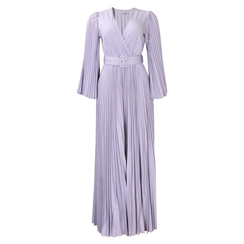 Women Sexy V Neck High Waist Pleated Solid Large Swing Long Dress