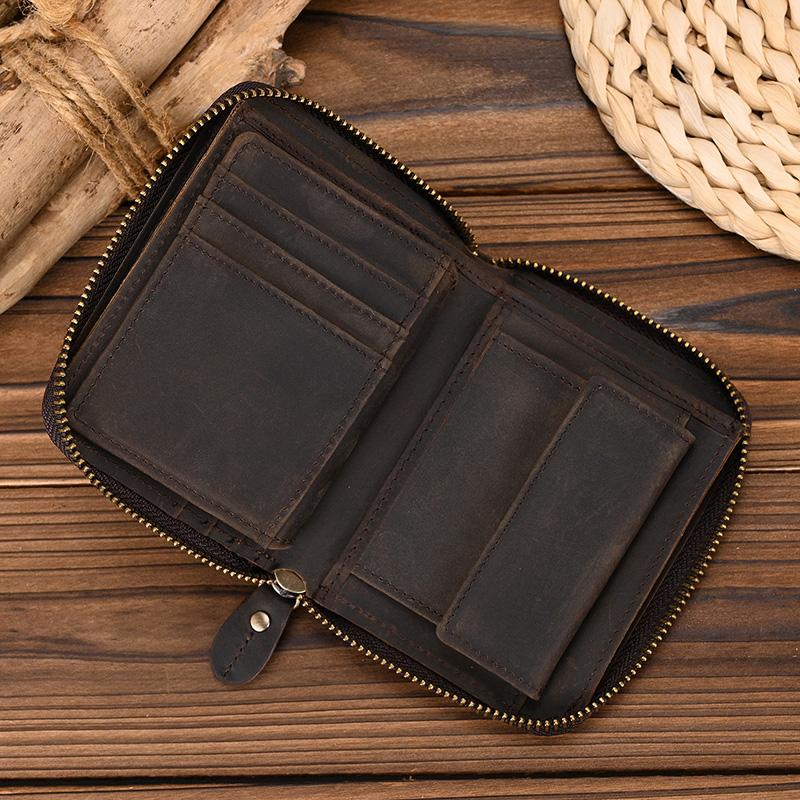 2026 New Short Wallet Men Women Vintage Fashion Card Holder Zipper Coin Purse Crazy Horse Leather Mens Slim Zipper Purse Wallet