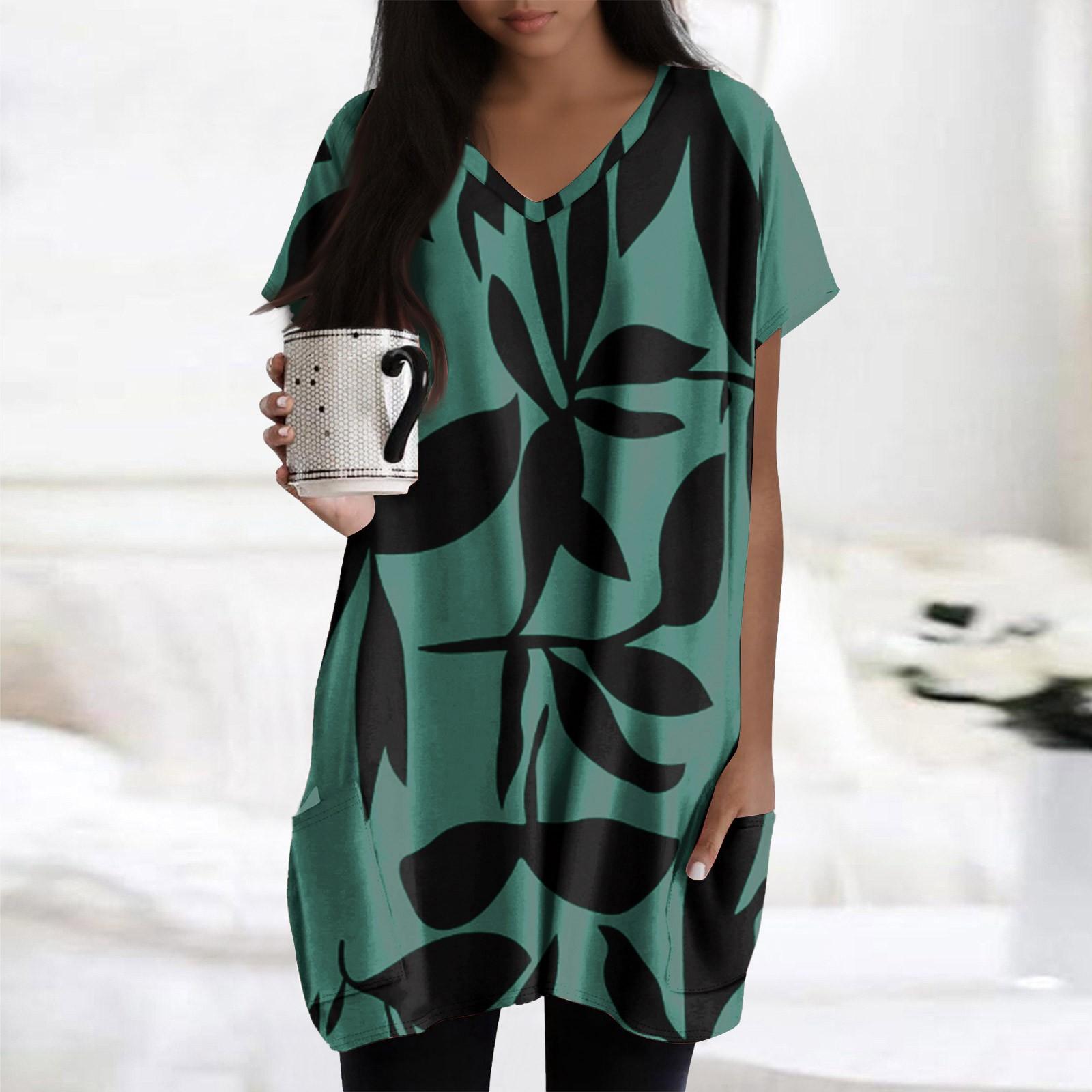 

Womens Tops V-neck Short Sleeve Blouses Casual Mid-length Shirts Fashion Print Tunic Tops With Pockets M