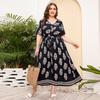 Brazil's hot-selling large-size loose V-neck dress women's elastic waist short-sleeved printed long skirt