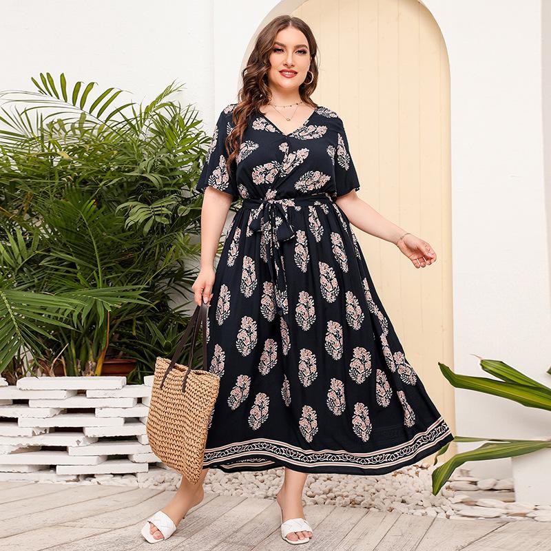 Brazil's hot-selling large-size loose V-neck dress women's elastic waist short-sleeved printed long skirt