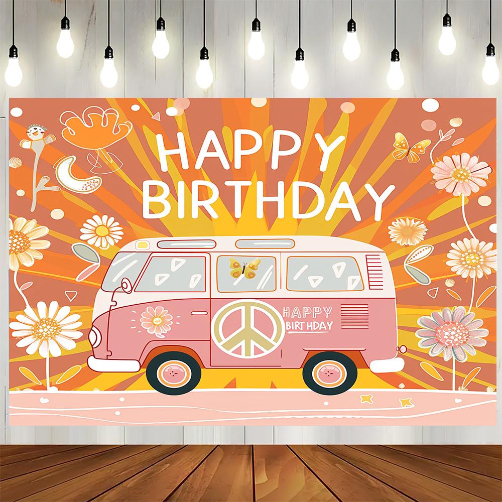 Retro 70's hippie theme Happy Birthday Bohemian Daisy bus background cloth, party decoration background props