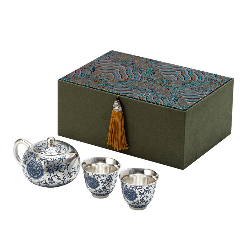 Gold Inlaid Jade & Gilded Silver Kung Fu Tea Set