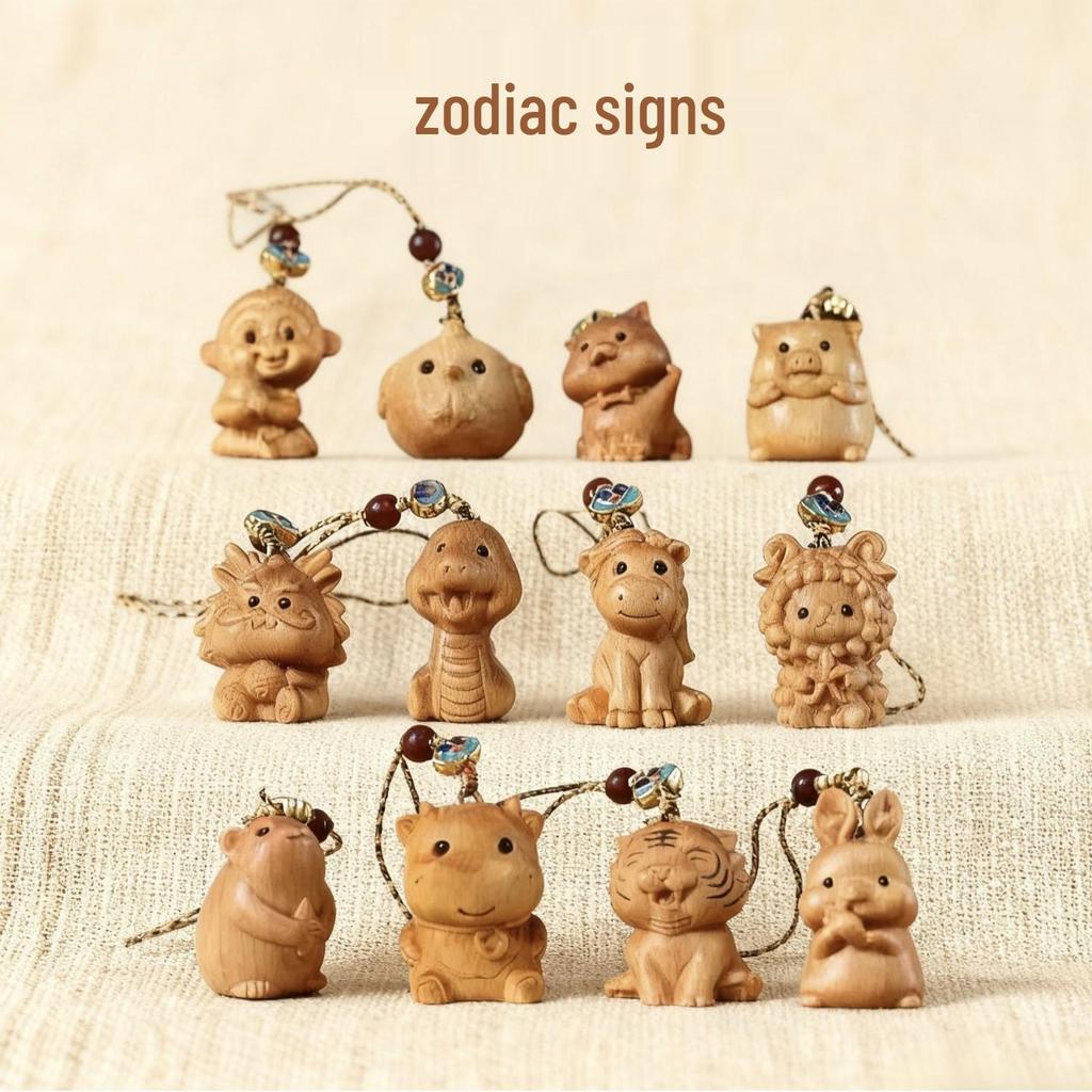Zodiac Cartoon Wooden Couple Phone Charm & Keyring
