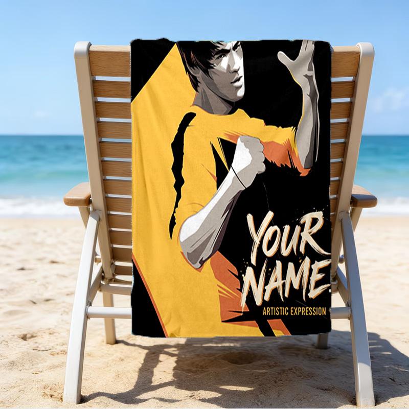 Custom Name Beach Towel Dynamic Bruce-Lee Pose Beach Towel, Soft Microfiber, Gift for Her/Him, Birthday, for Pool, Beach, Travel, Fan gifts