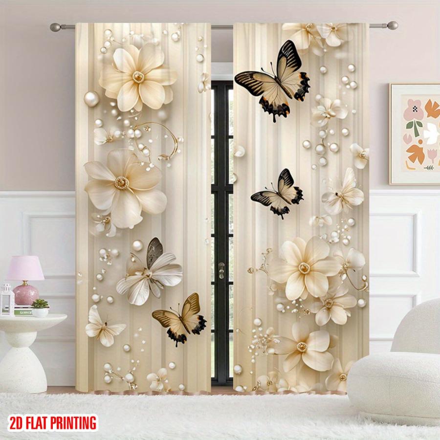 2PCS Digital Printed Curtains, Apricot Butterfly Pearl Whisper Pattern, Stylish Window Treatment for Living Room Bedroom Decor