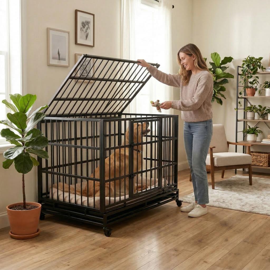 48 Inch Heavy Duty Indestructible Dog Crate with Wheels, Folding Metal Big Dog Cage for Large and Medium Dogs, Cage with Removable Wire Trays