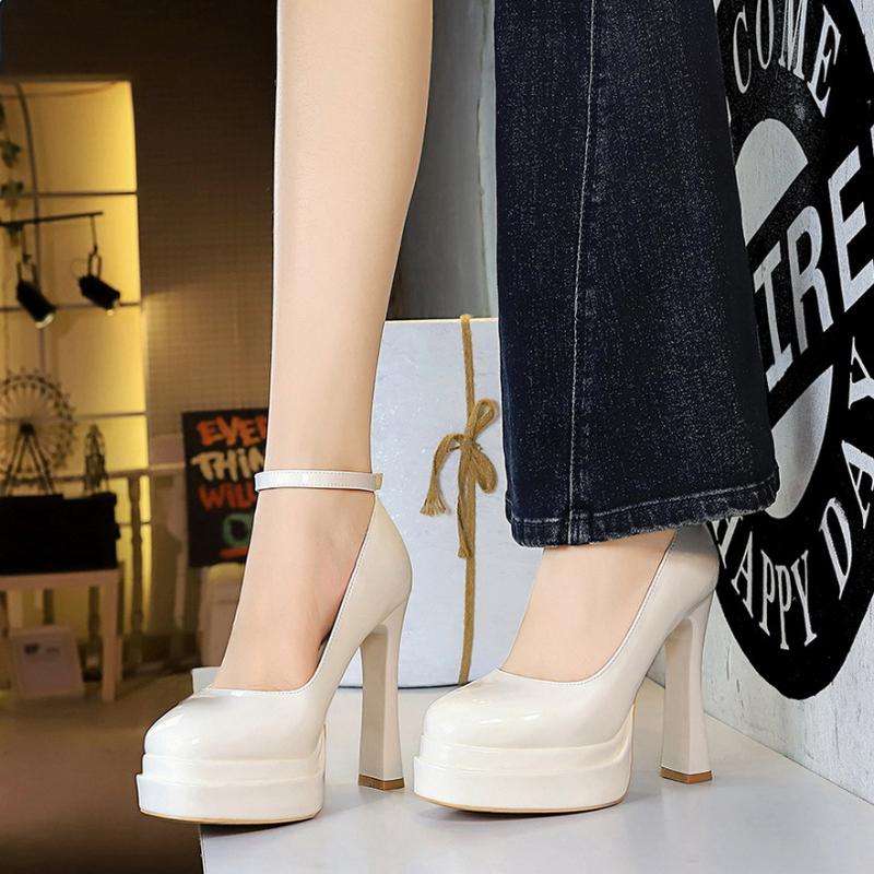 Fashion Round-Toe Single Shoes For Women With High Heels Double-Layer Waterproof Platform Patent Leather One-Length Strip Light Mouth