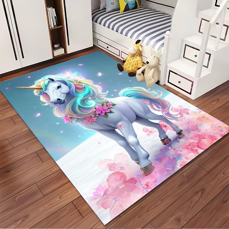 Enchanted Unicorn with Rainbow Mane Rug Non-slip rug suitable for living room and bedroom sofas.