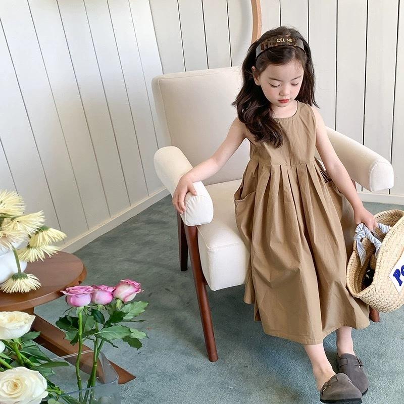 Summer Girls Sleeveless Princess Dress Children Clothing Teen Solid Color Cotton Bubble Skirt Kid Vacation Style Vest Dress