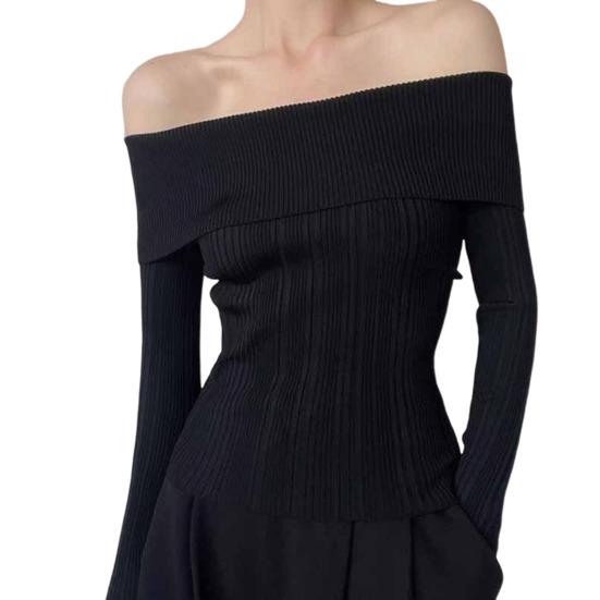 

Женские вязаные топы, сексуальные топы на одно плечо с длинным рукавом, облегающий пуловер, однотонная блузка в рубчик чёрный