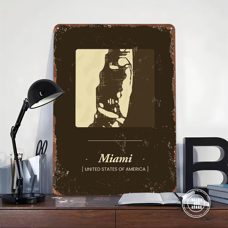 Miami City Map Tin Plaque Poster Customized Wall Art Retro Vintage Metal Signs for Man Cave Gaming Room Decoration At Home Decor