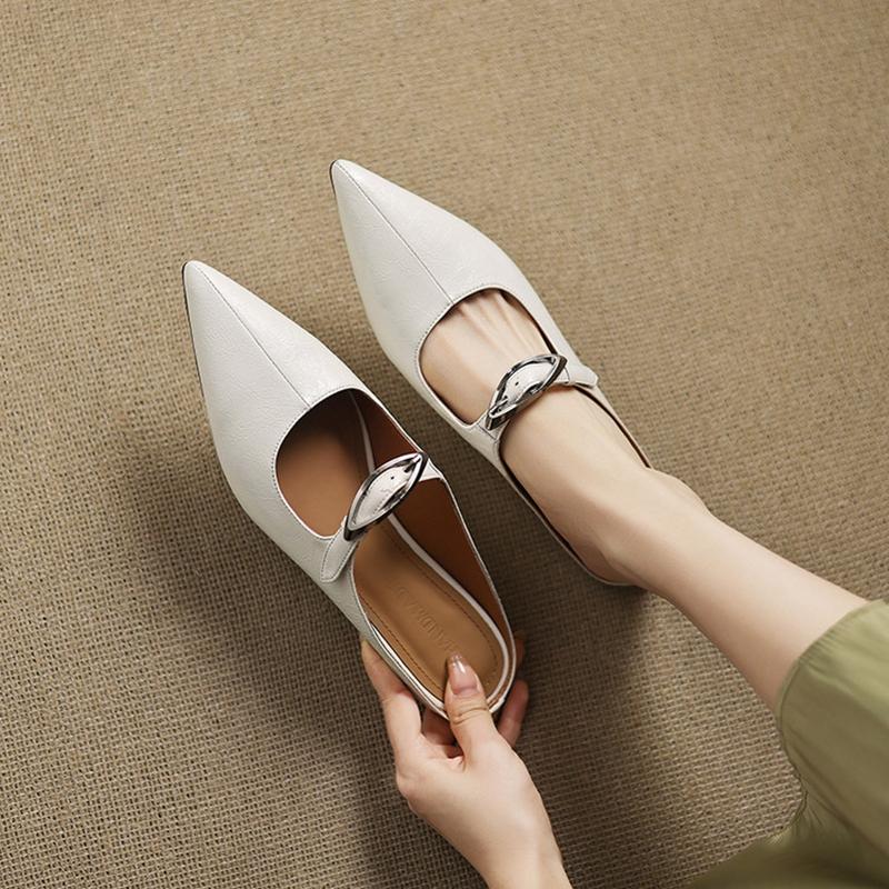 Fashion NEW Summer Women Mules Split Leather Shoes for Women Pointed Toe Low Heel Shoe Cover Toe Slingback Sandals Metal Buckle Slippers
