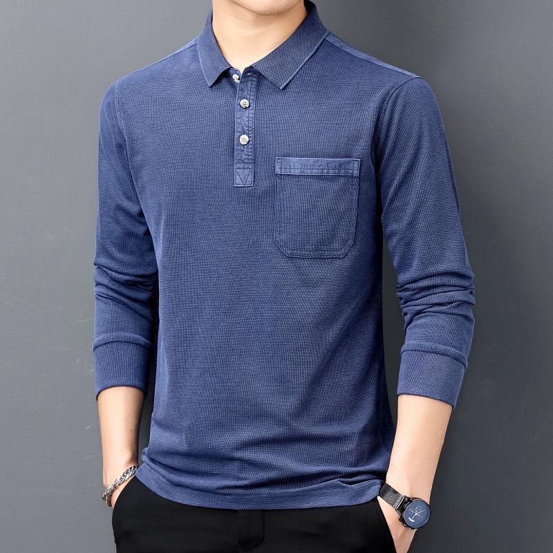 Men's Long-Sleeve Turn-Down Collar Polo Shirt with Ribbed Cuffs and Pocket, Loose Fit