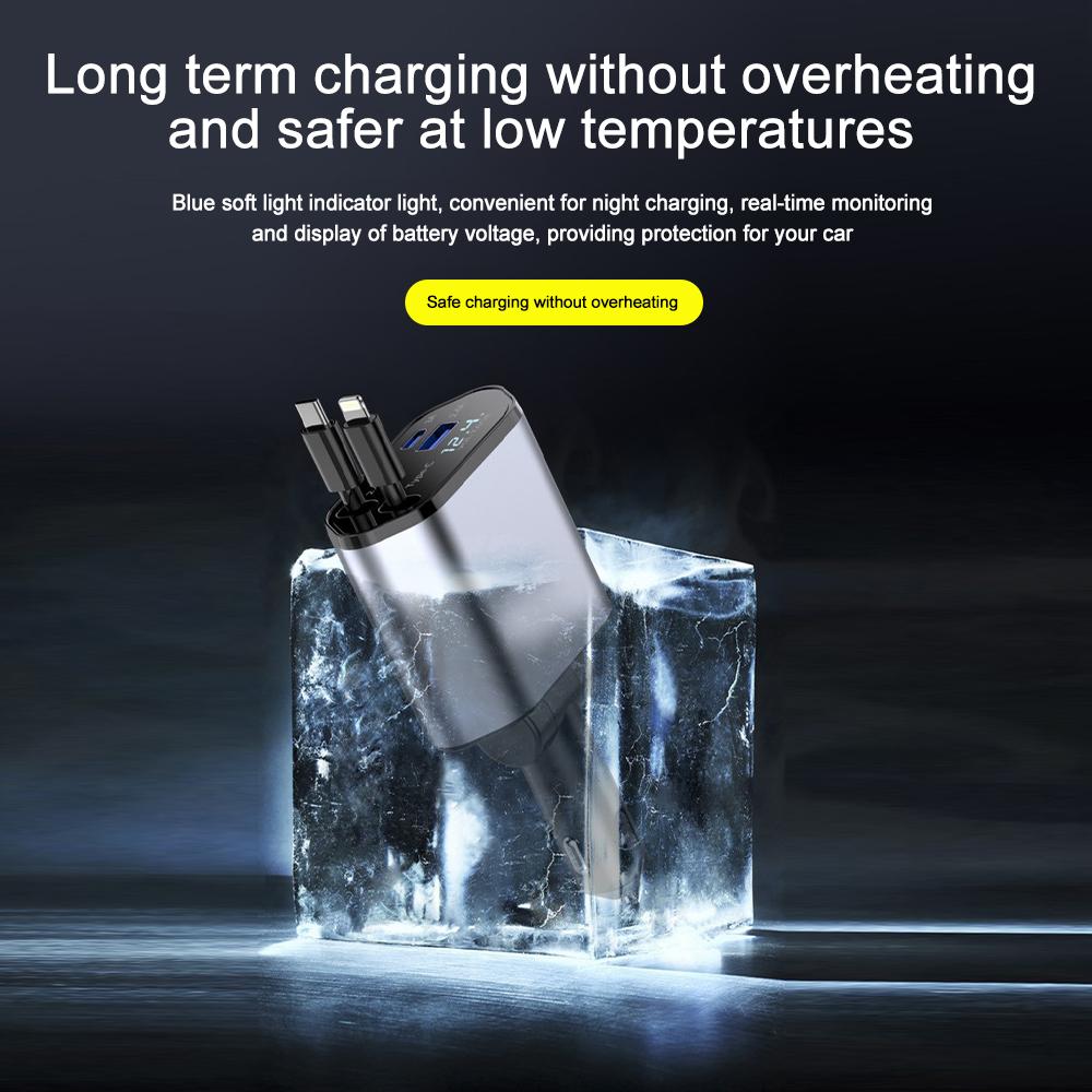 120W Car Charger USB Type C Fast Charge Adapter with Voltage Display 4 In 1 Retractable Cable Phone Car Charger for IPhone Huawei Samsung