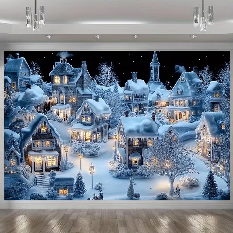 2D Flat Printing Christmas Backdrop, Snowy Houses & Street Lights Banner
