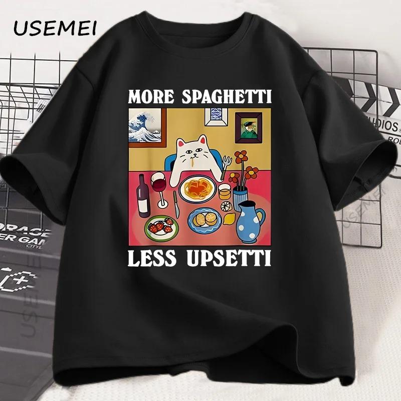 

More Spaghetti Less Upsetti Funny Cat TShirt Unisex Women Printed T Shirt Harajuku O Neck Short Sleeve Tee Shirt Cat Lover Y2K S