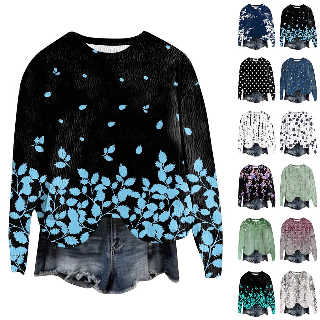 Women's Fashion Round Neck Pullover Top Long Sleeve Tee Printed Sweatshirt