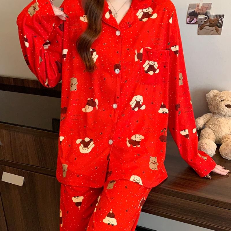 Feestelijke Grote Rode Zoete Kersenprint Damespyjama Leuke Kerst Kleine Hond Nachtkleding Lente Herfst Cartoon Huiskleding