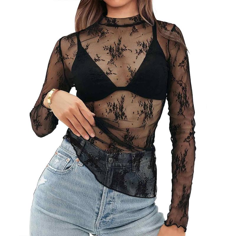 Women's Semi-turtleneck See-through Long-sleeved T-shirt Sexy Y2K Mesh Top