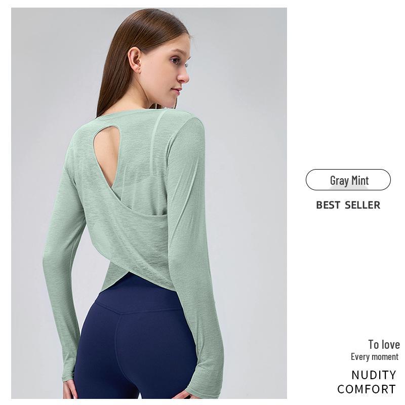 Bamboo Slub Loose Long Sleeve Yoga Top - Breathable, Hollow-Out Back, Slimming Cover-Up for Women