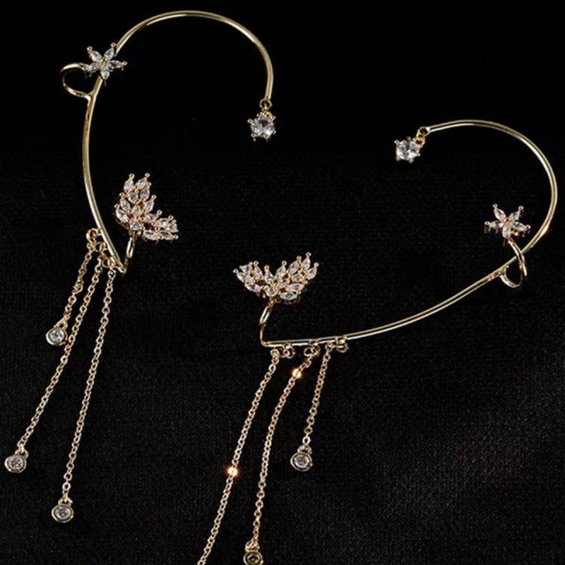 1pc Elegant Diamond Star & Leaf Tassel Ear Cuff Earring, Versatile Jewelry Gift For Women, Daily Wear