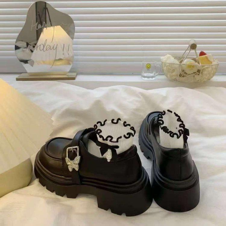 French Black Platform Round Head Small Leather Shoes Women's 2025 Autumn New Retro British Style Muffin Loafers Single Shoes