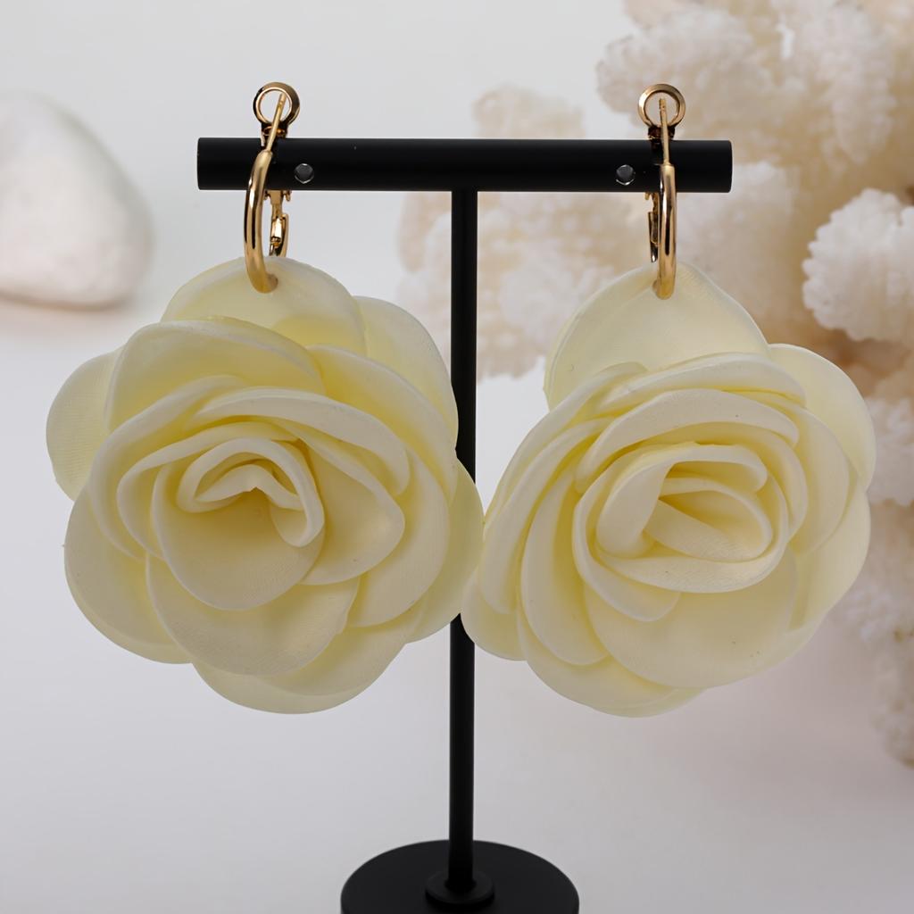 [Bohemian Earrings] Bohemian Elegant Red Rose Large Floral Dangle Earrings for Women | Golden Hooks, Polyester & Iron Materials, Perfect for Weddings,